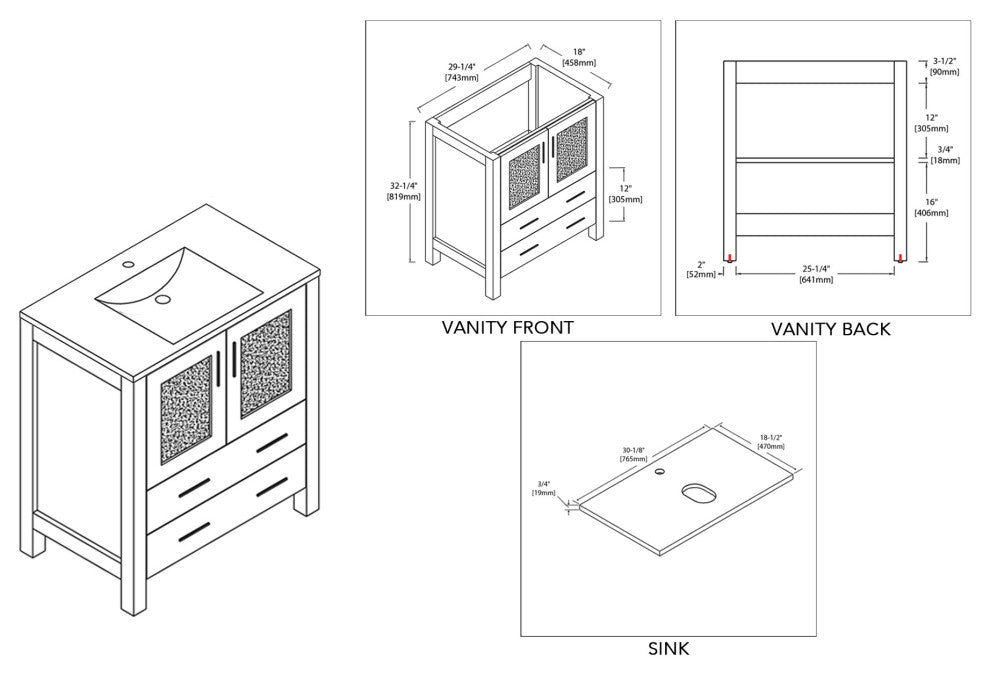 Sydney 30" Vanity Set With Mirror, Glossy White No Mirror