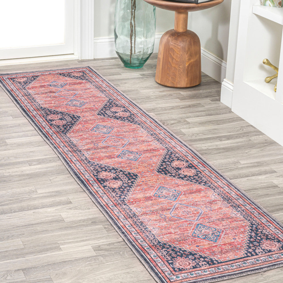 Dalyan Geometric Medallions Machine Washable Indoor Area Rug, Terra/Navy, 2 X 8
