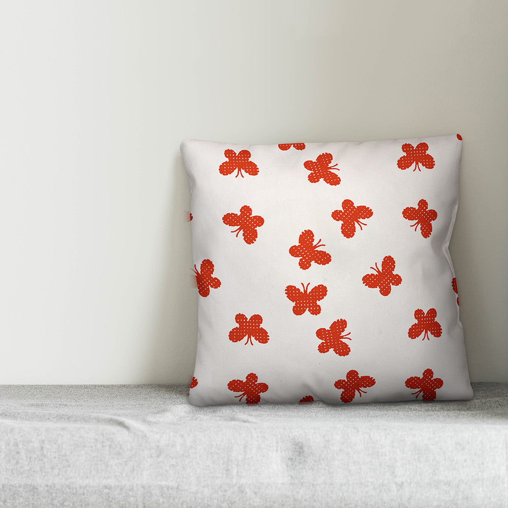 Butterfly Pattern, Red Throw Pillow Cover, 16"x16"
