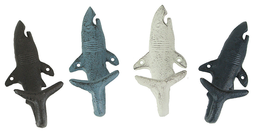 4 Piece Rustic Nautical Colored Finish Cast Iron Shark Wall Hook Set