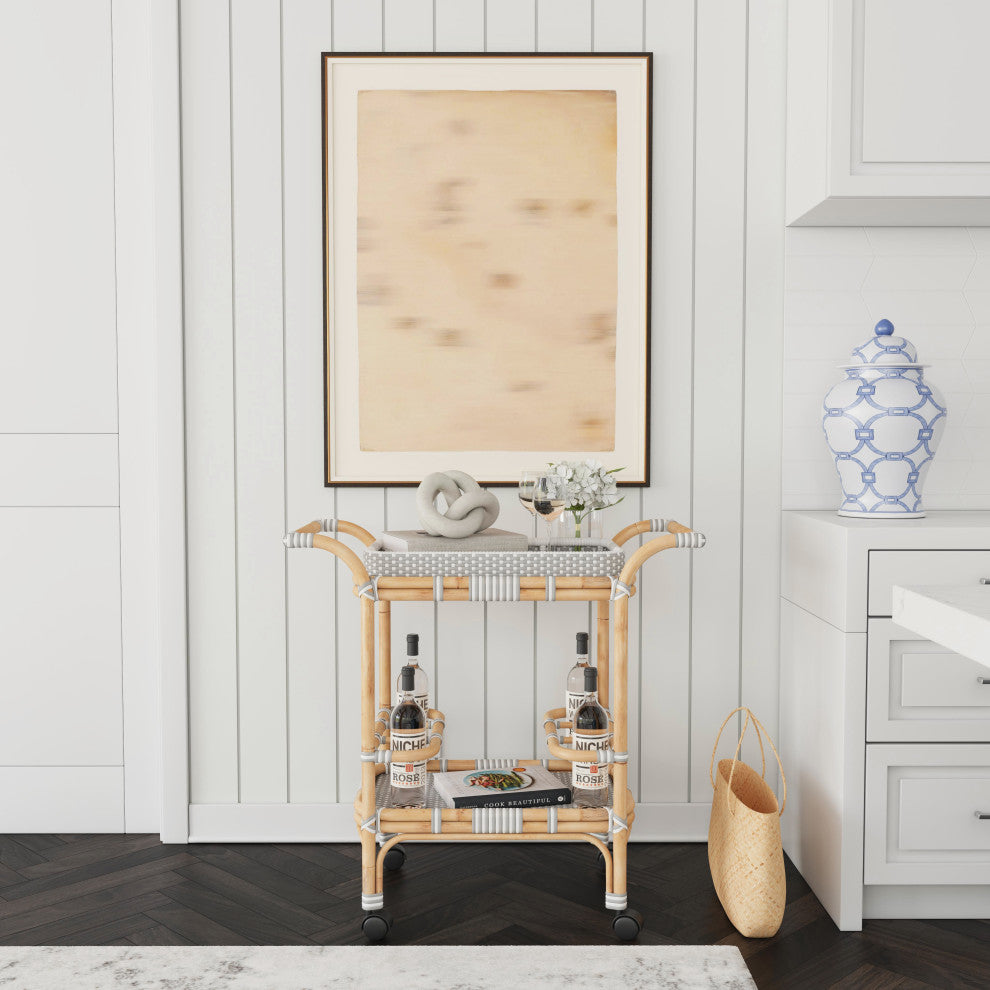 Butler Selena Gray and White Rattan Bar Cart