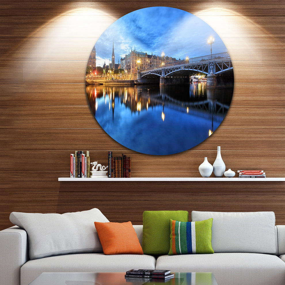 Illuminated Blue Stockholm, Cityscape Disc Metal Artwork, 11"