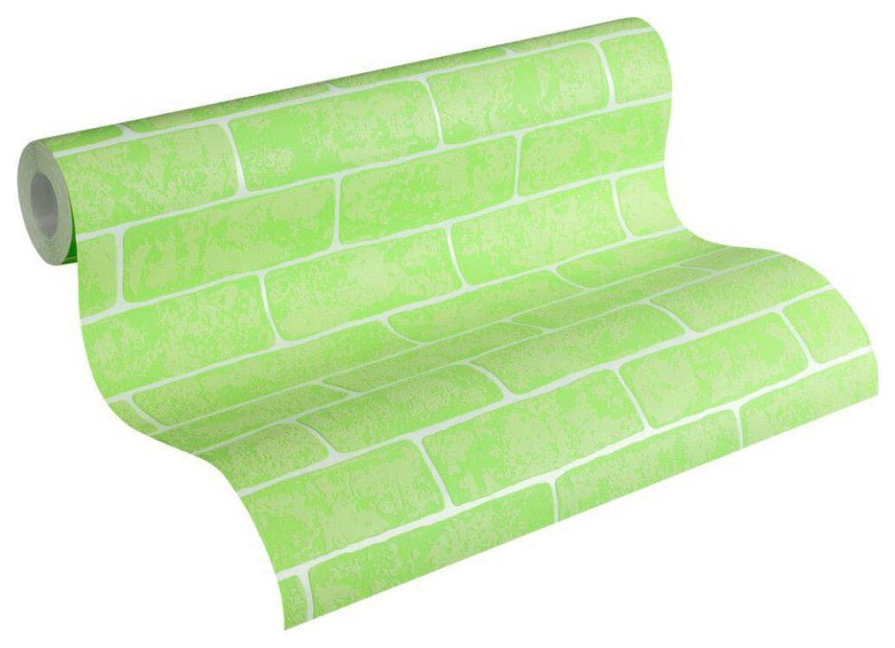Faux Textured Wallpaper, Stone Wall, 359813, Green, One Roll