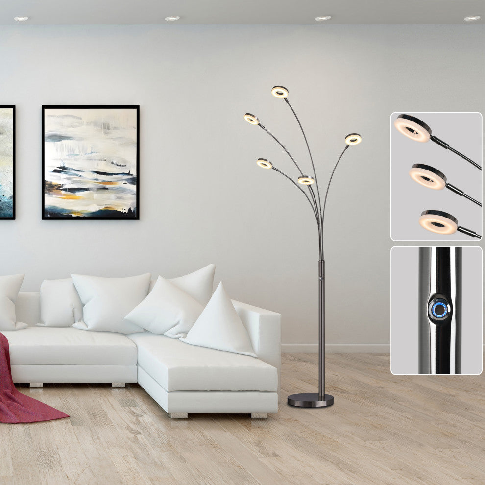 Artiva UFO Super Bright LED 5-Arched Floor Lamp with Touch Dimmer, 73"H
