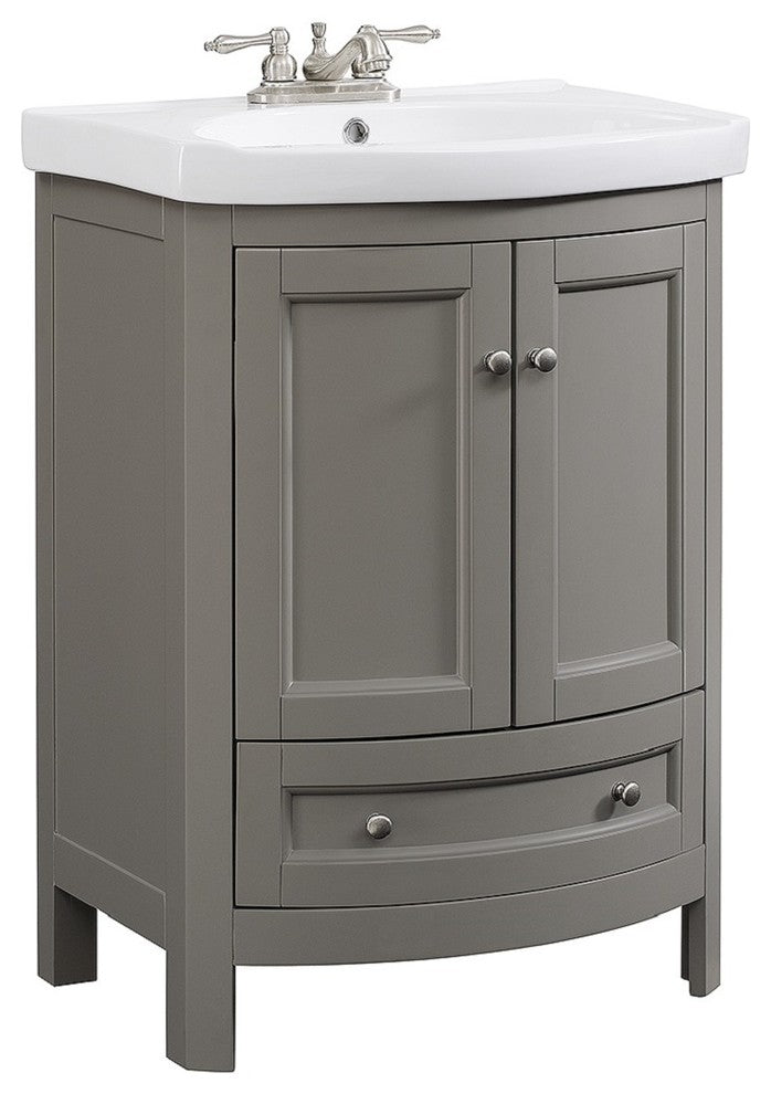 Runfine 24" Wood Gray Finish Vanity, Vitreous China Top, 2 Slow Close Doors