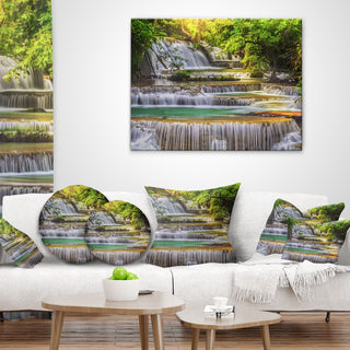 Tranquil Erawan Waterfall Landscape Printed Throw Pillow, 18"x18"