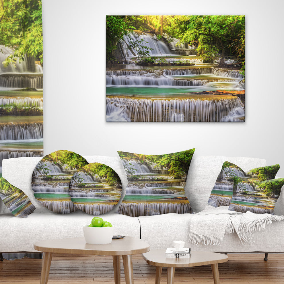 Tranquil Erawan Waterfall Landscape Printed Throw Pillow, 18"x18"