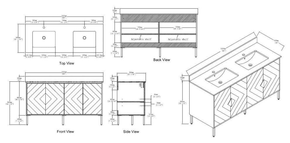 60" Tennant Brand Eileen Modern Style Double Sink Bathroom Vanity