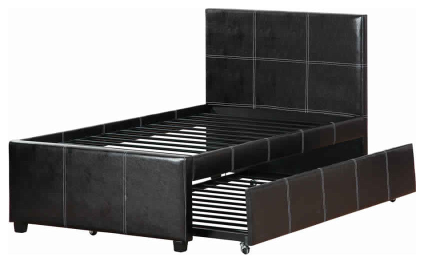 Benzara BM171666 Mesmeric Twin Bed With Trundle Espresso Faux Leather, Brown