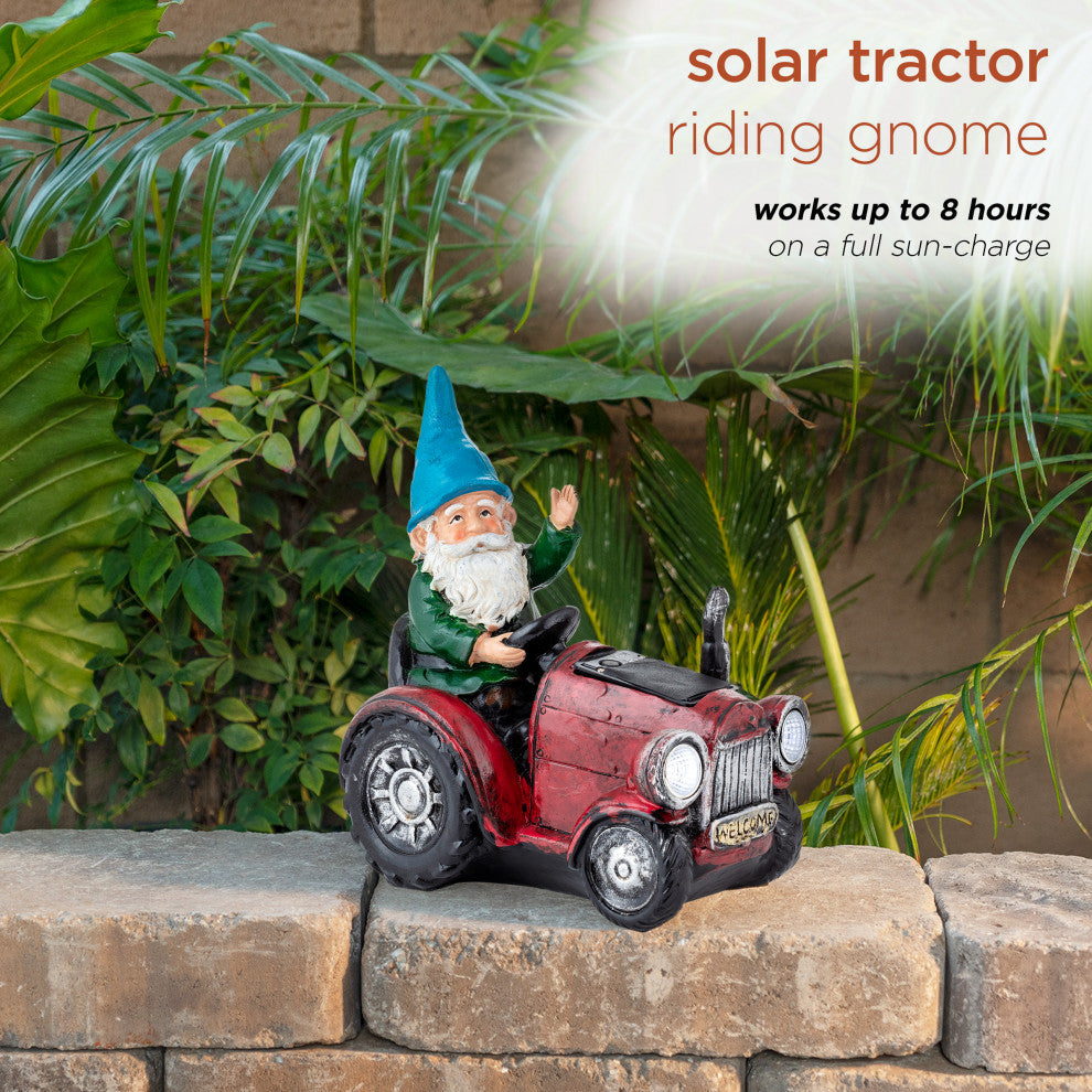 Solar Red Tractor Riding Gnome with Cool White LED Lights