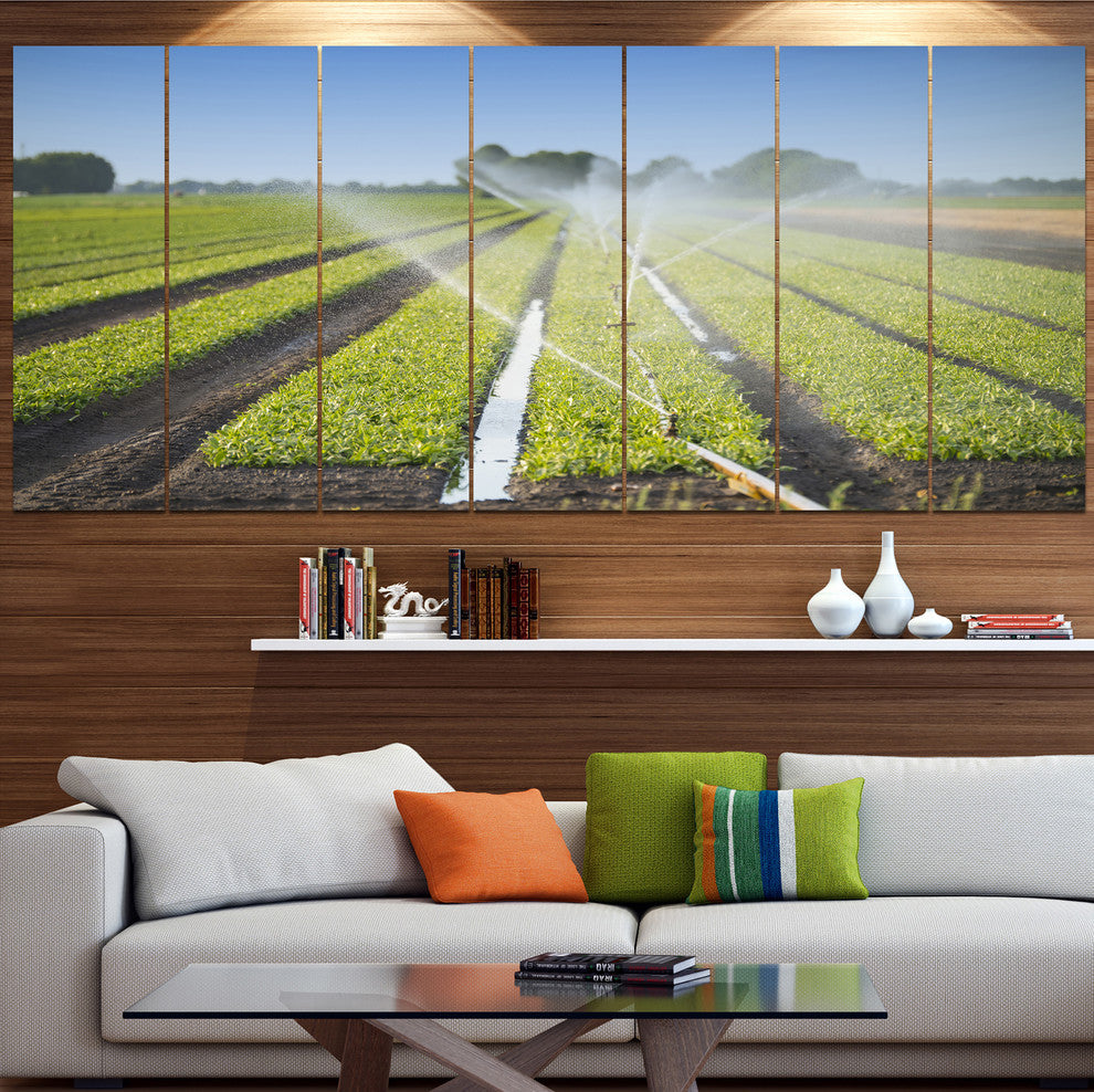 Beautiful View of Crops Watering, Landscape Canvas Art Print, 83"x32", 7 Panels