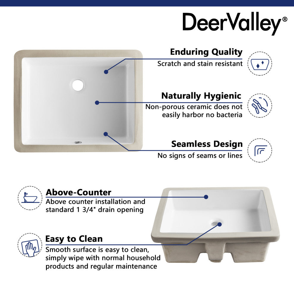 White Ceramic Rectangular Lavatory Undermount Bathroom Sink with Overflow