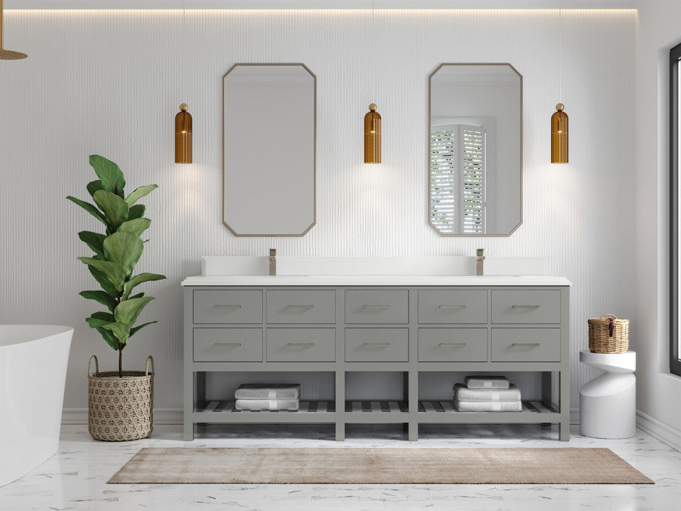 Parker 84 Double Sink Bath Vanity in Elephant Skin Gray  1.5" White Quartz