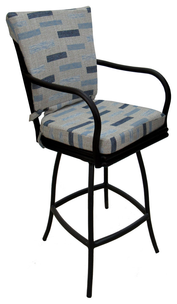 Outdoor Patio Swivel Bar Stool Ofir with Arms, B-W Blue Beige - Black, 26"