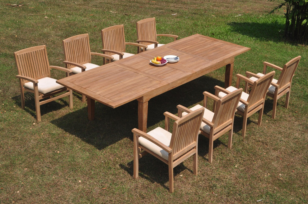 9-Piece Outdoor Teak Dining Set: 122" Rectangle Table, 8 Wave Stacking Arm Chair