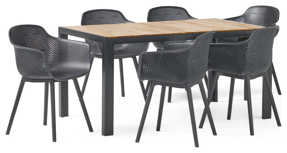 Miramar Outdoor Wood and Resin 7 Piece Dining Set, Black and Teak