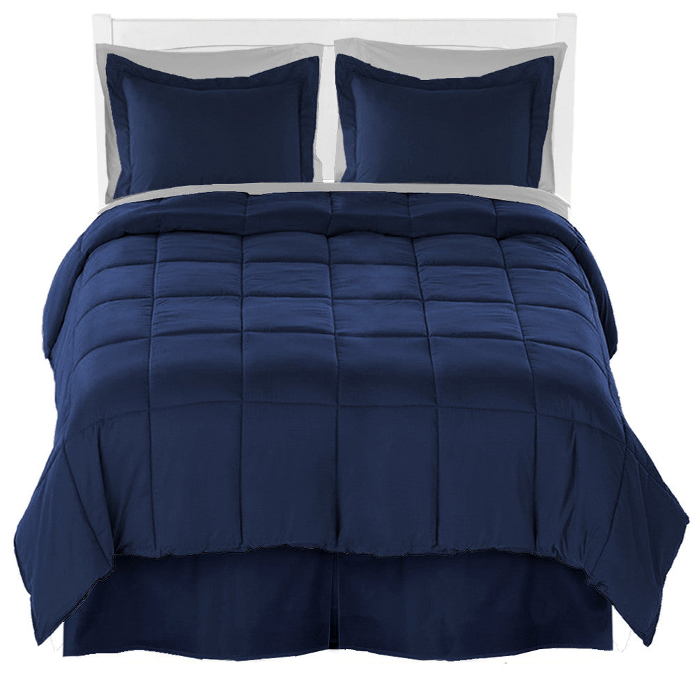 Comforter, Sheet, and Bed Skirt, Dark Blue, White, Dark Blue, Split Queen