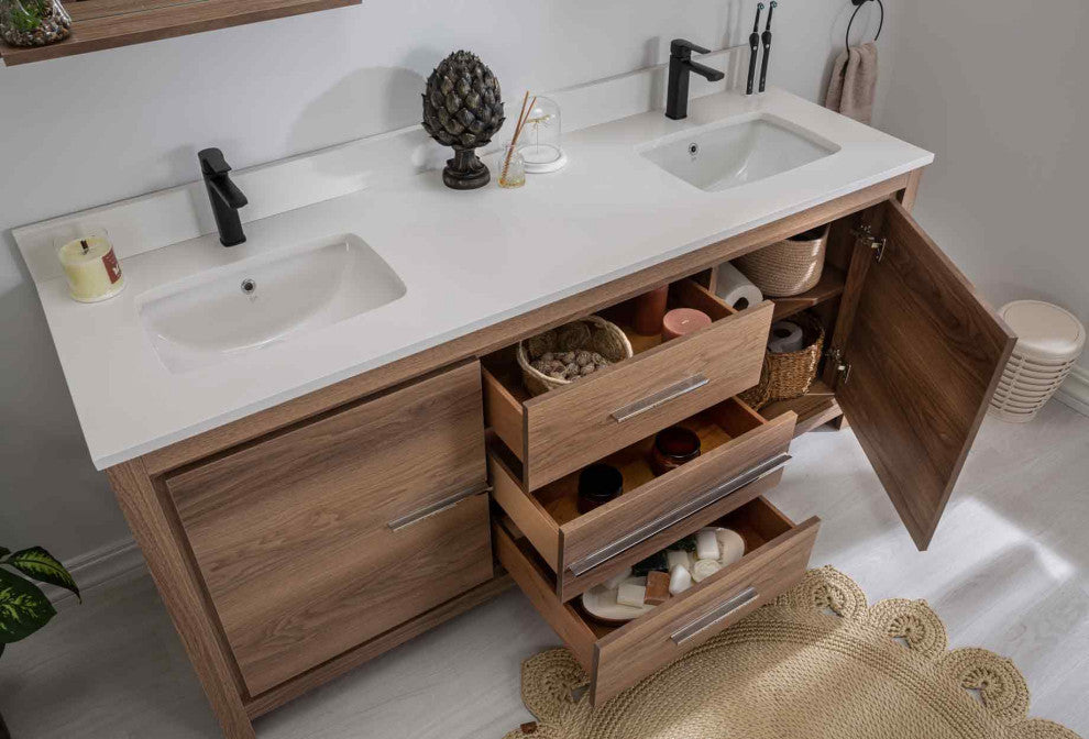 Mila Collection 72" Bathroom Vanity With Sink, Mirror, Countertop, Walnut Brown