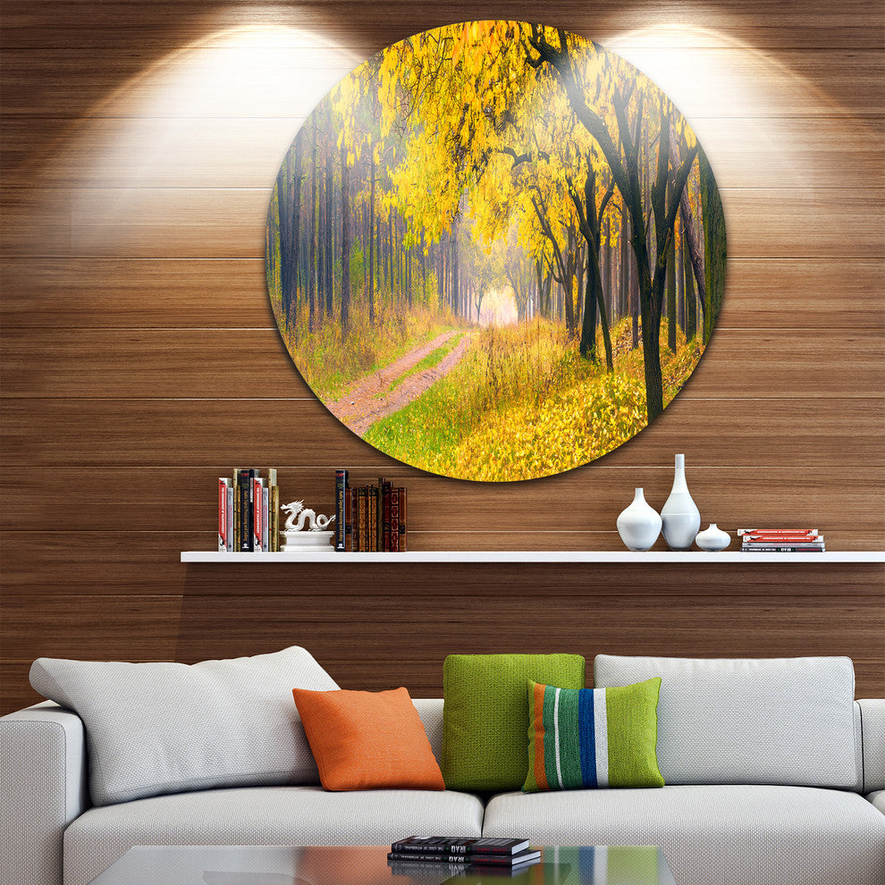 Bright Yellow Autumn Forest, Landscape Photo Disc Metal Artwork, 11"