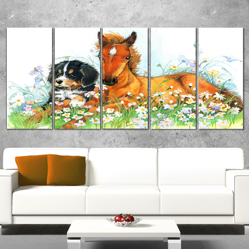 Relaxing Brown Cute Horse, Animal Canvas Art Print, 60"x28", 5 Panels