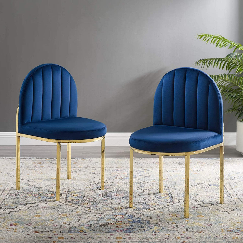 Dining Chair, Gold Stainless Steel Legs With Clamshell Velvet Seat, Navy