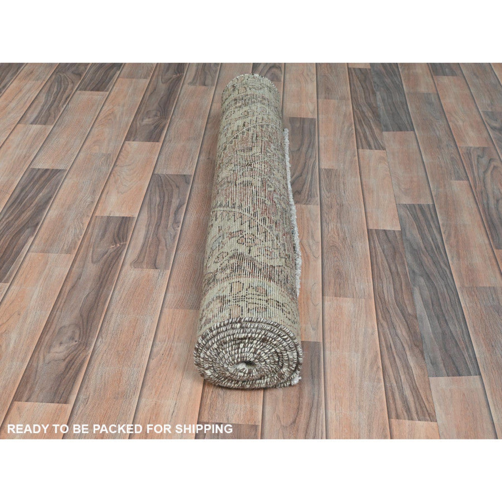 Almond Brown Vintage Persian Hamadan Hand Knotted Pure Wool Runner Rug, 3'4"x10'