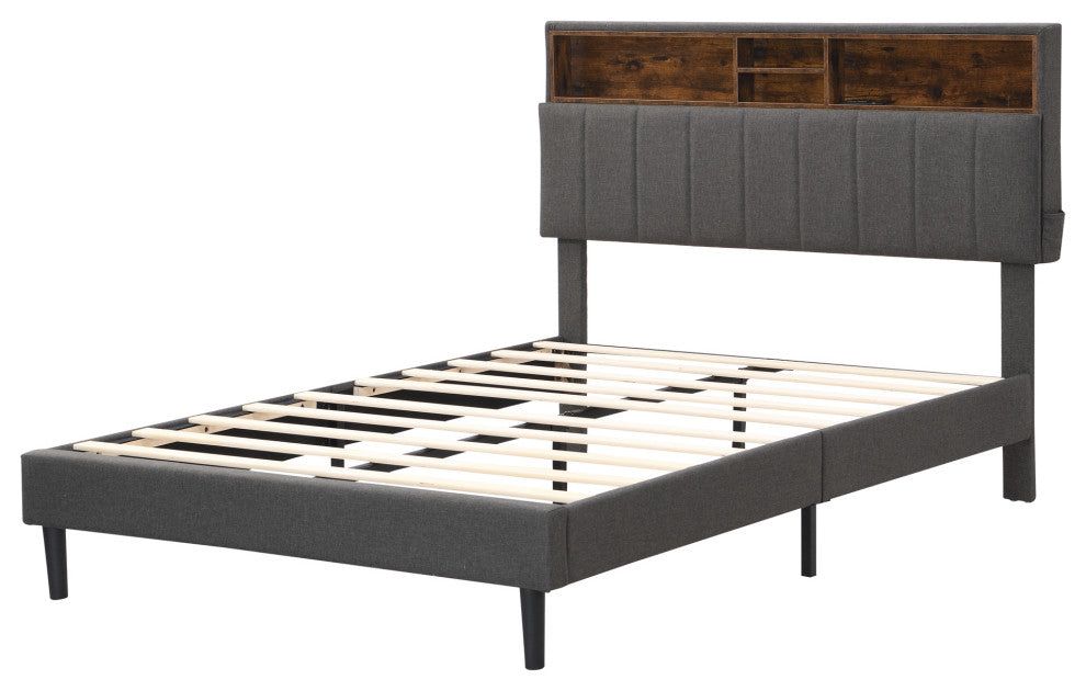 TATEUS Upholstered Platform Bed With Storage Headboard and USB Port, Gray, Full