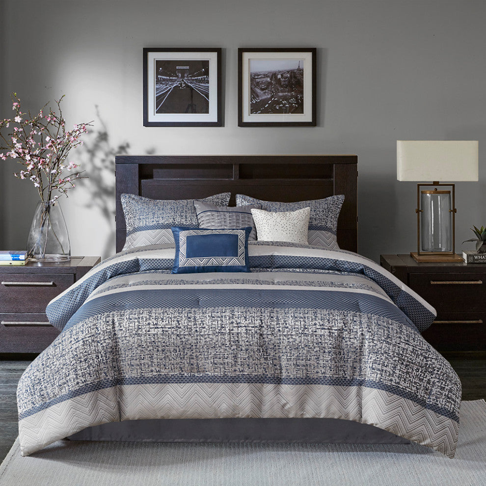 Madison Park Rhapsody Jacquard Stripe Mosaic 7-Piece Comforter Set, Navy Blue