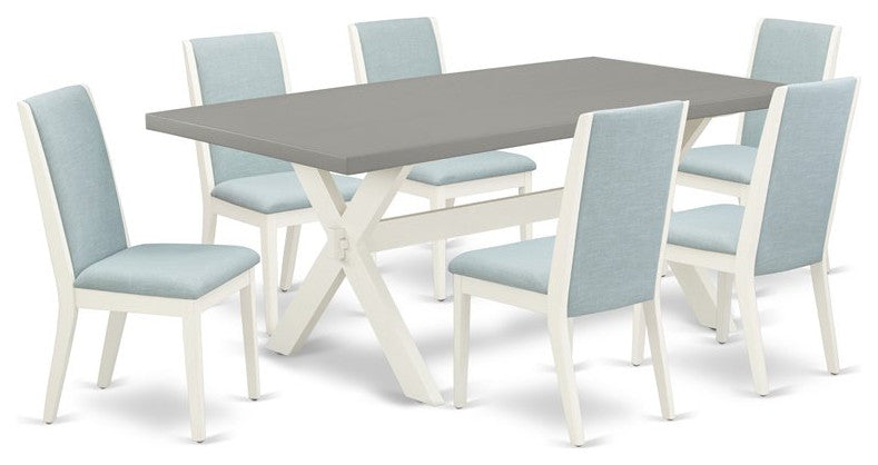 7-Piece Set Cement Table Top and 6 Linen Fabric Chairs, Linen White