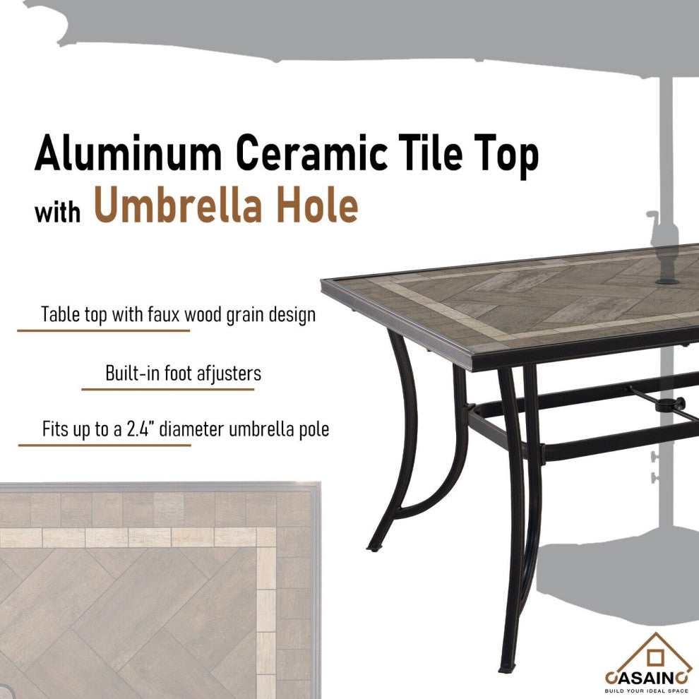 CASAINC Dining Table Aluminum Ceramic Tile Top Rectangular with Umbrella Hole