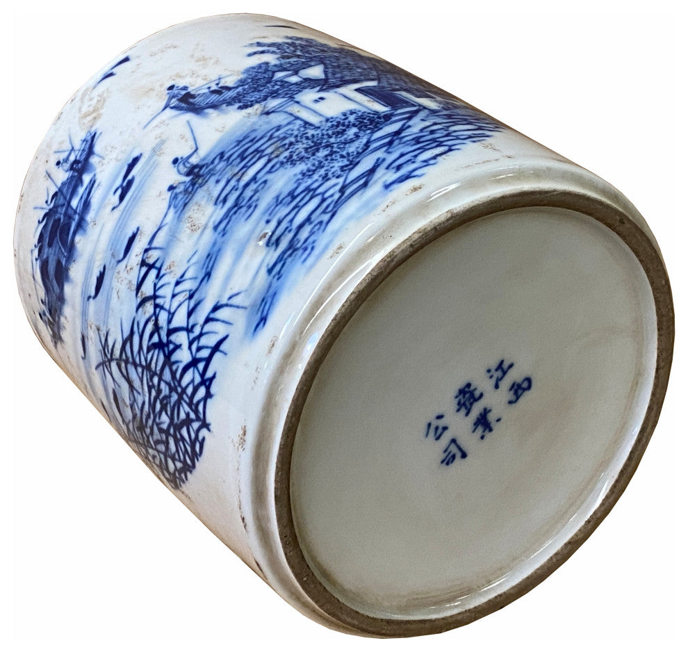 Chinese Distressed White Porcelain Blue Scenery Graphic Holder Vase Hws1844