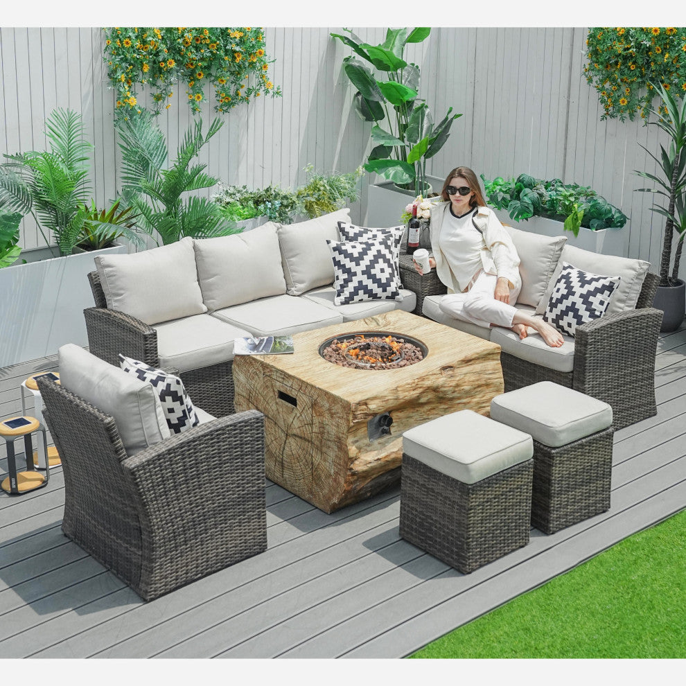 7-piece Patio Wicker Garden Chat Sofa Set with Fire pit and Storage Box, Rectangle