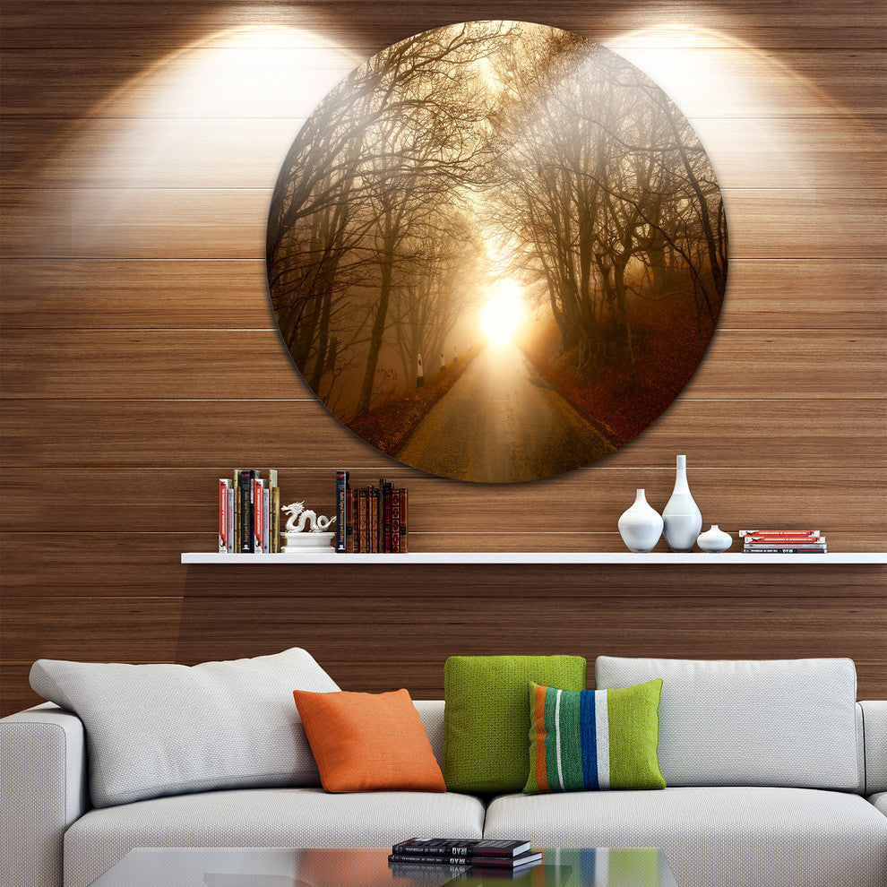 Path To Sunlight In Autumn Forest, Landscape Photo Round Wall Art, 11"
