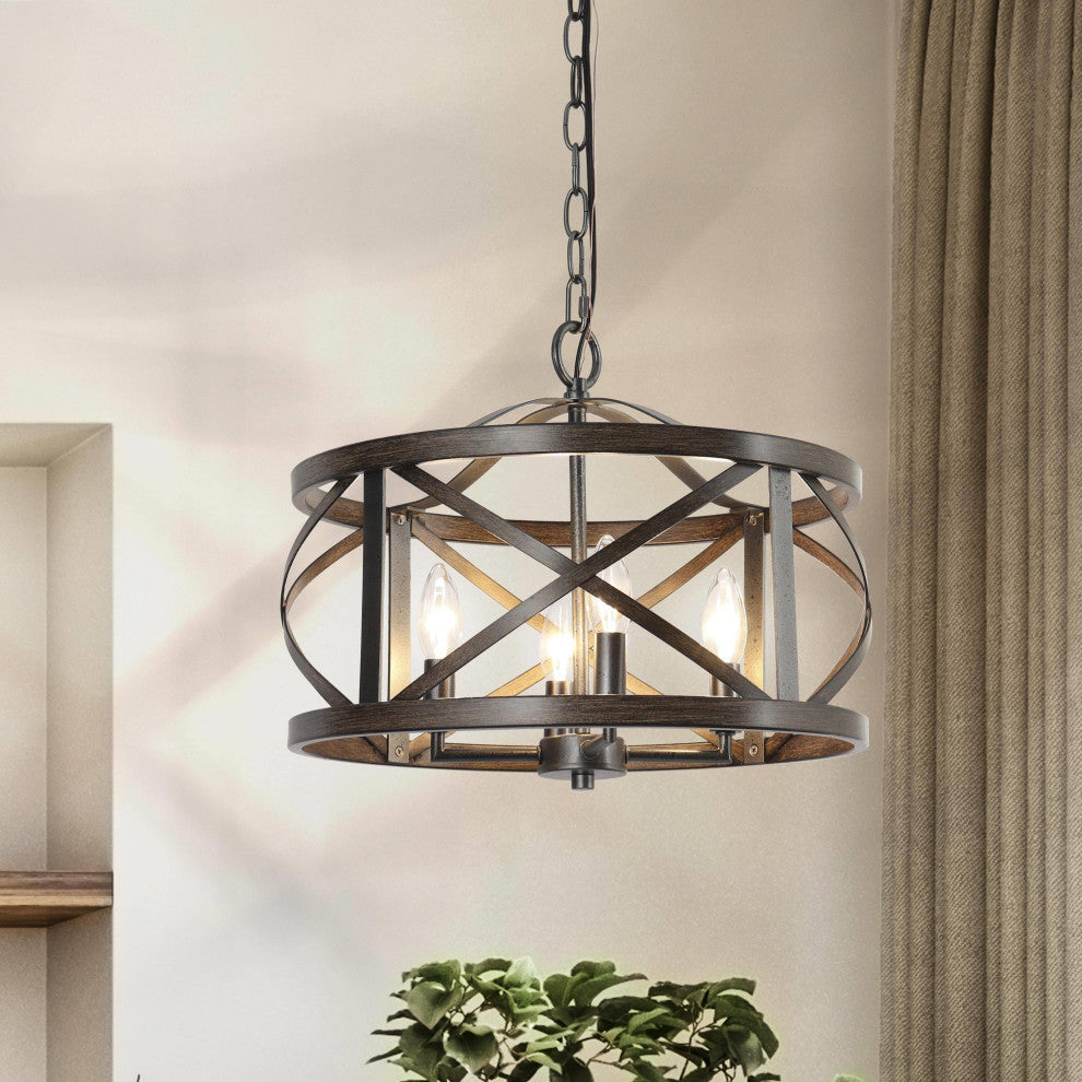 LNC Distressed Farmhouse Drum Cage Chandelier, Black, 4 Lights