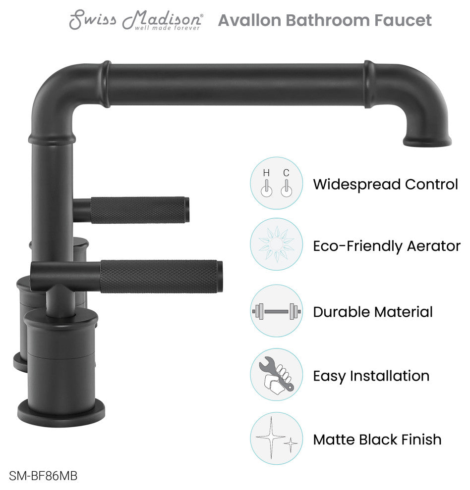 Avallon 8" Widespread, Sleek Handle, Bathroom Faucet, Matte Black