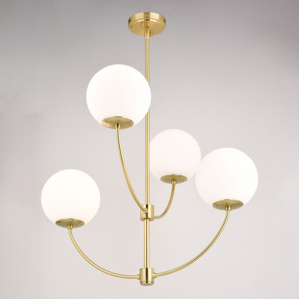Avers 4 Light Gold Brass Mid-Century Modern Chandelier White Globe Glass