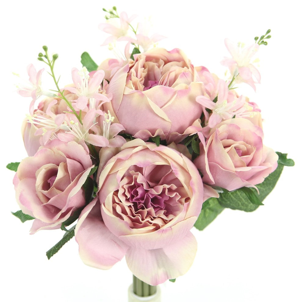10 Stems Faux English Rose and Rose Bud Bouquet, Mauve