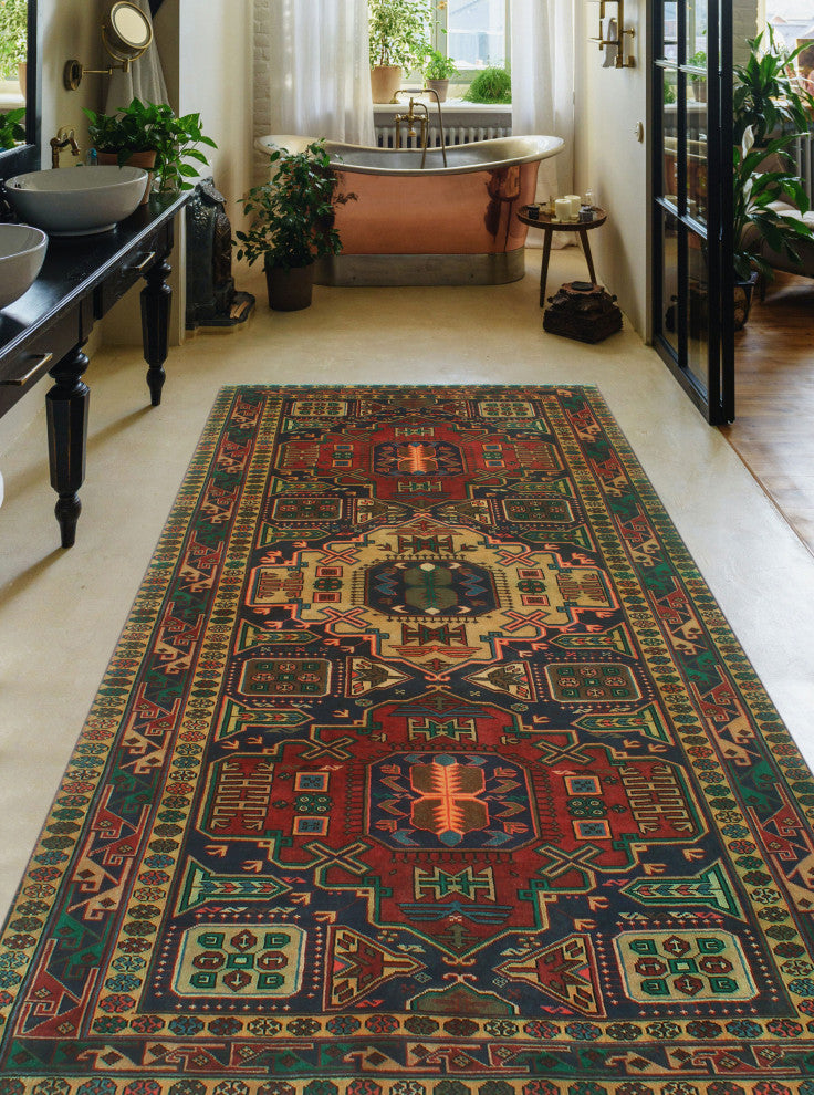 Fine Vintage Distressed Horton Rust/Navy Runner, 4'11x10'4