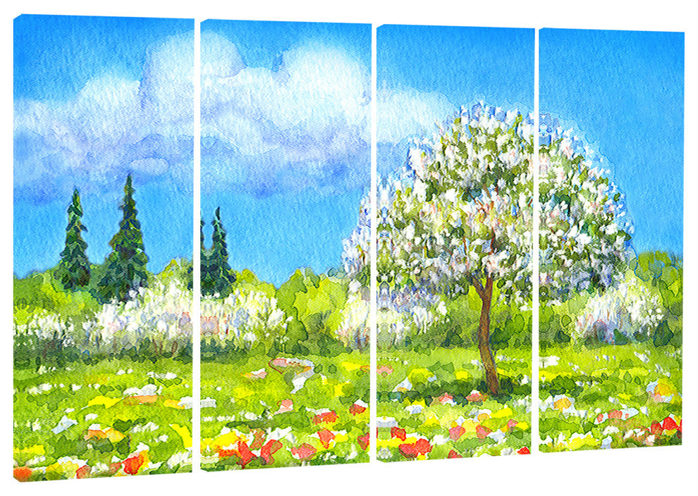"Tree in Different Seasons" Watercolor Landscape Wall Art, 4 Panels, 48"x28"