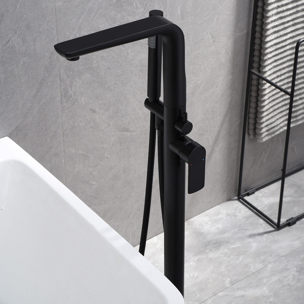 Floor Mounted Freestanding Tub Faucet With Handshower & Dual Handles