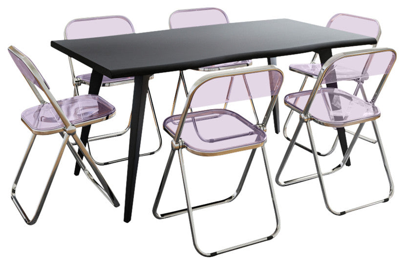 LeisureMod Lawrence 7-Piece Dining Set With Folding Chairs and Table, Magenta
