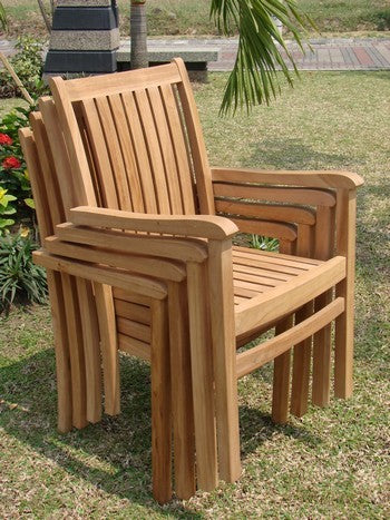 9-Piece Outdoor Teak Dining Set, 117" Oval Table, 8 Cahyo Stacking Arm Chairs