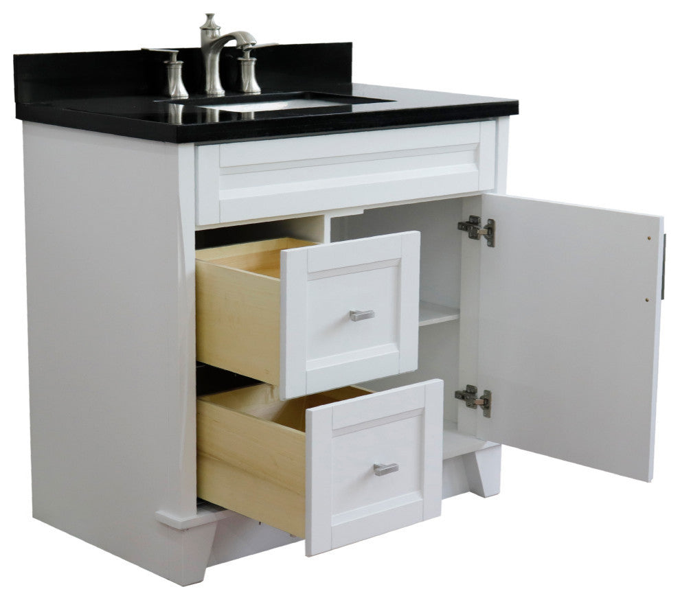 37" Single Sink Vanity, White Finish With Black Galaxy Granite