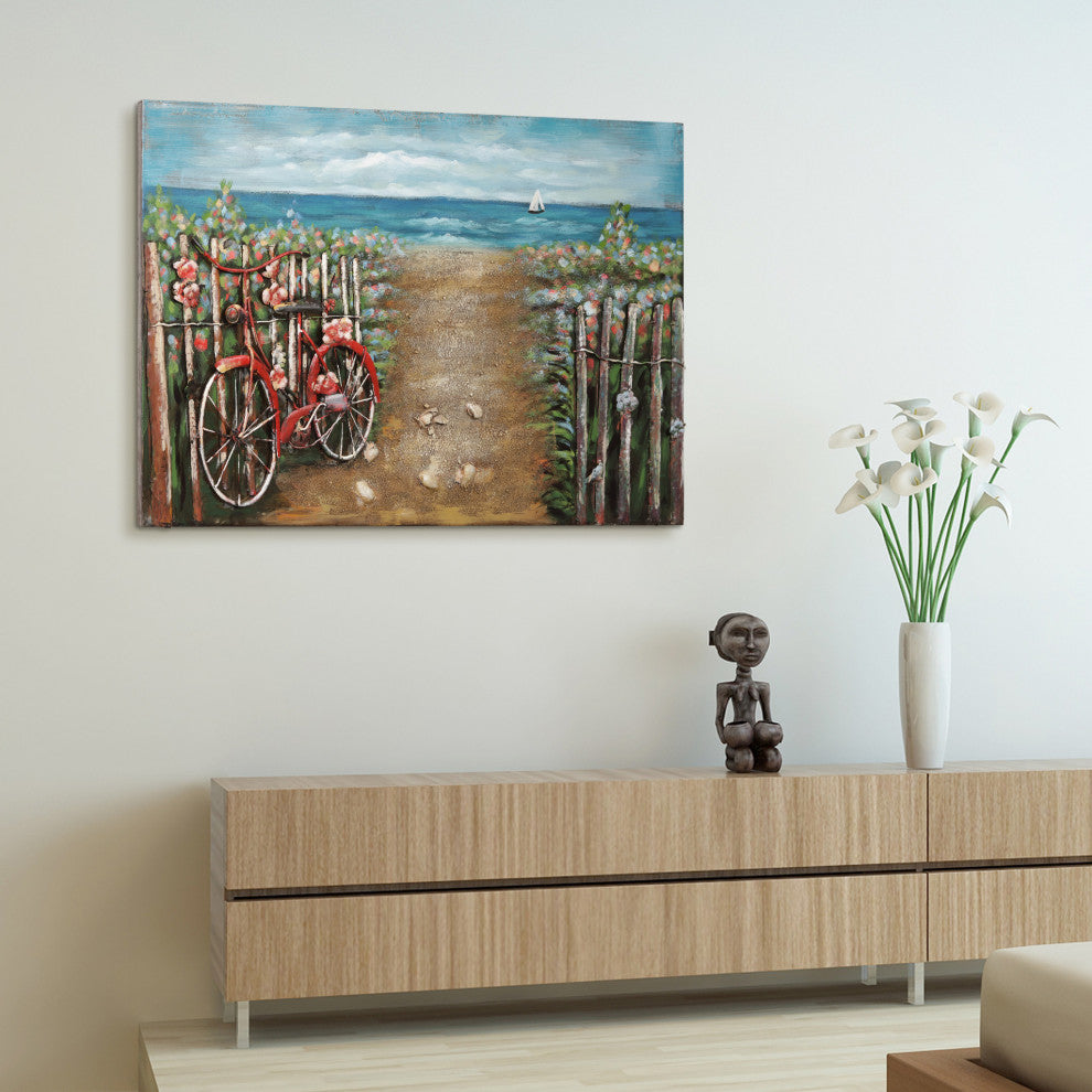 "Red Bicycle" Mixed Media Iron Hand Painted Dimensional Wall Art
