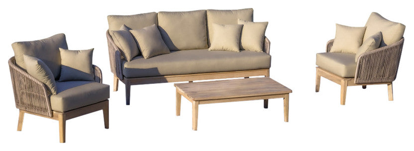 Eve 4-Piece Patio and Backyard Wood, Aluminum and Rope Conversation Set, Gray