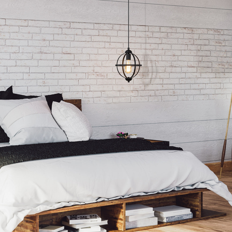 LNC 9.5 Inch 1-Light Industrial Black Globe Cage Pendant Light