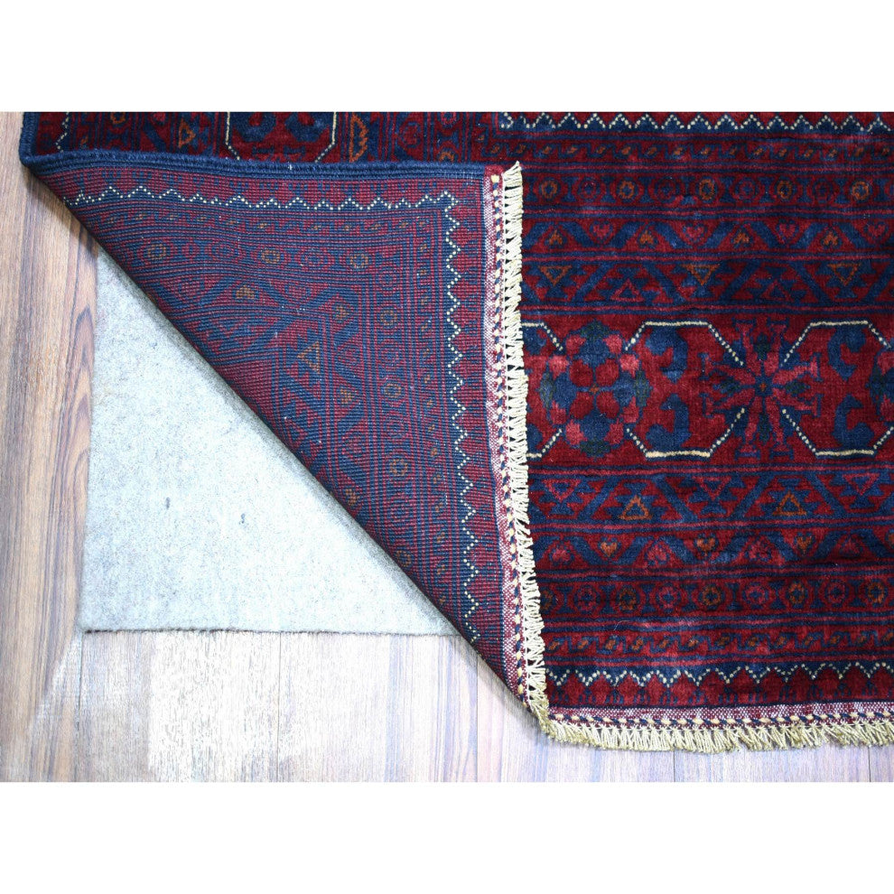 Deep and Saturated Red Hand Knotted Afghan Khamyab Velvety Wool Rug, 9'8"x13'1"