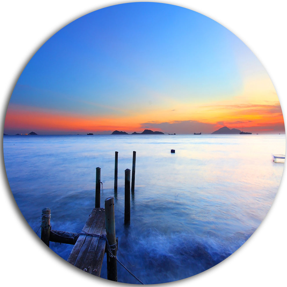 Summer Sea With Wooden Pier, Seascape Photo Round Wall Art, 23"