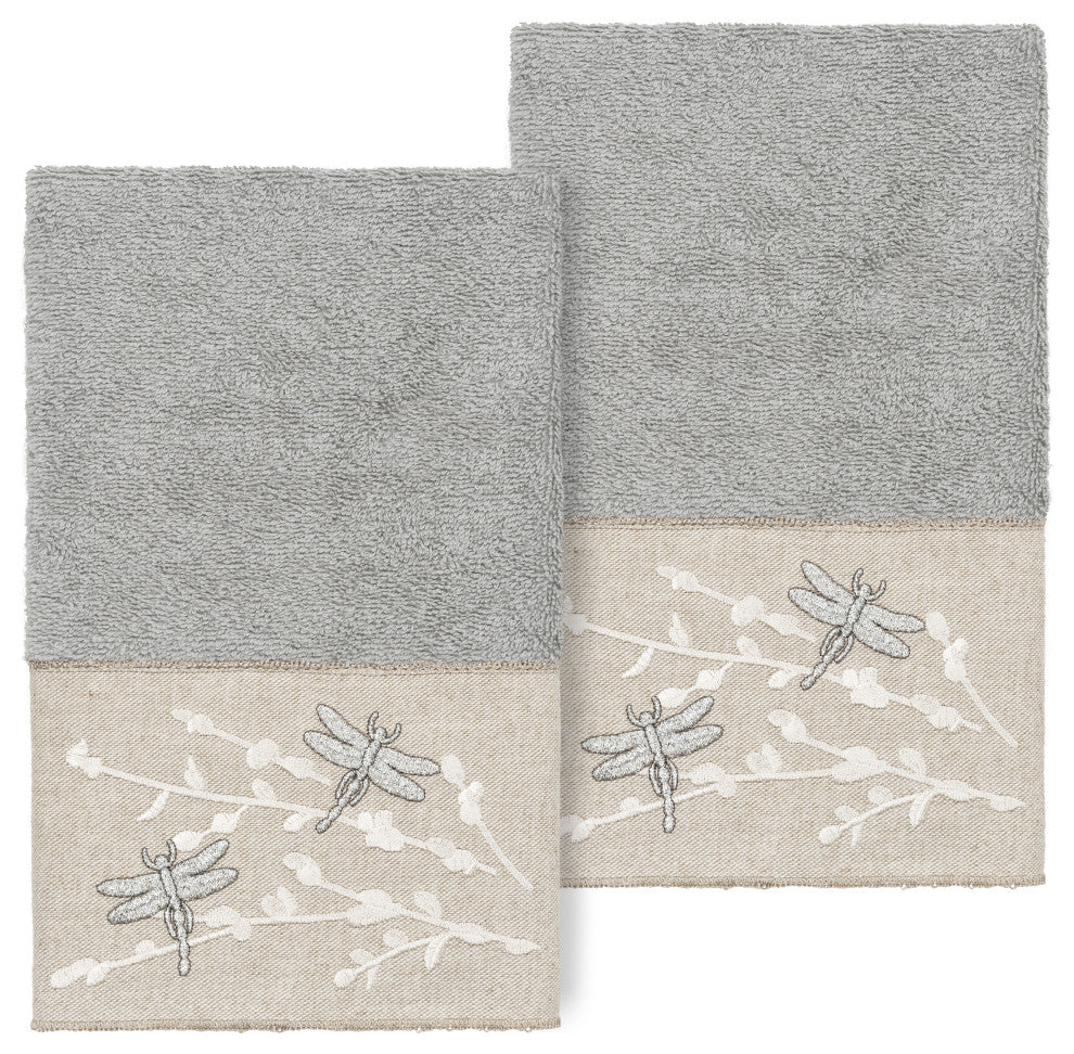 Linum Home Turkish Cotton Braelyn 2-Piece Embellished Hand Towel Set, Light Gray