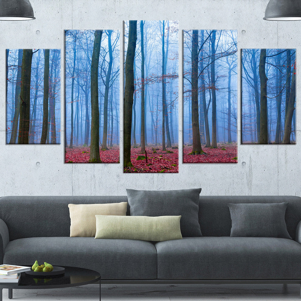 Foggy Forest in Blue and Pink Photo, Modern Forest Canvas Art, 60"x32", 5 Panels